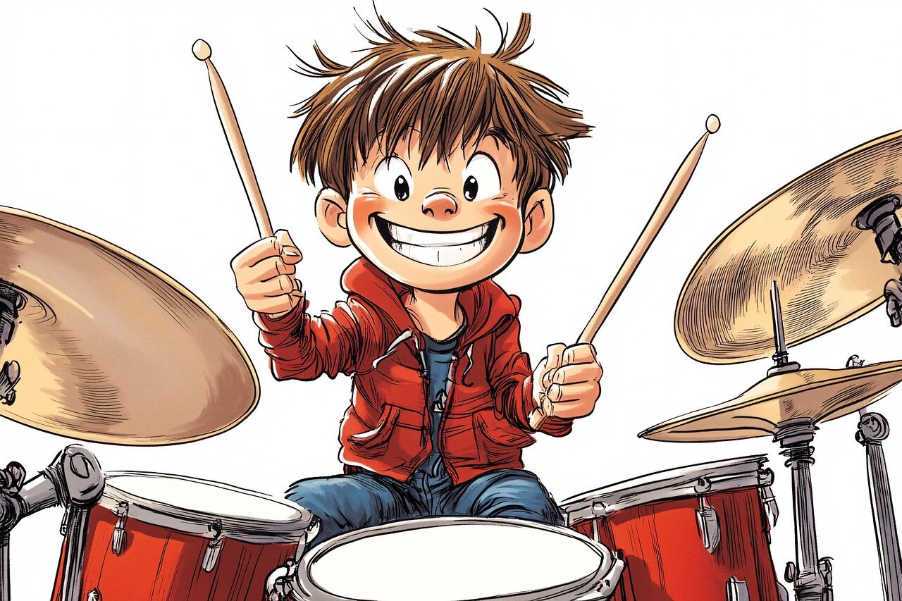 ai generated, drummer, boy, cartoon, music, drums, happy, playful, child, casual, vibrant, rhythm, fun, kid, musical, joyful, smile, colorful, performance, cute, energetic, entertainment, artist